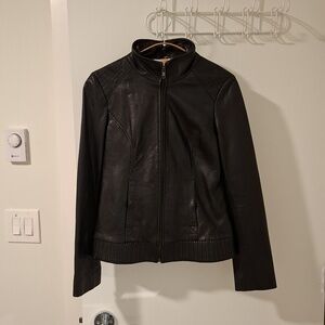 Soia & Kyo Black Leather Moto Jacket with Funnel/Mockneck (Size S)